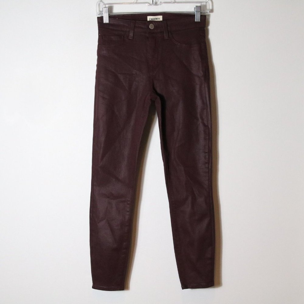 L'agence Womens Margot Burgundy Coated Skinny Jeans 25‎ Ankle Mid Rise